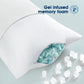 The fresh gel memory foam inside the pillow is exposed, with ice cubes scattered around the edge.