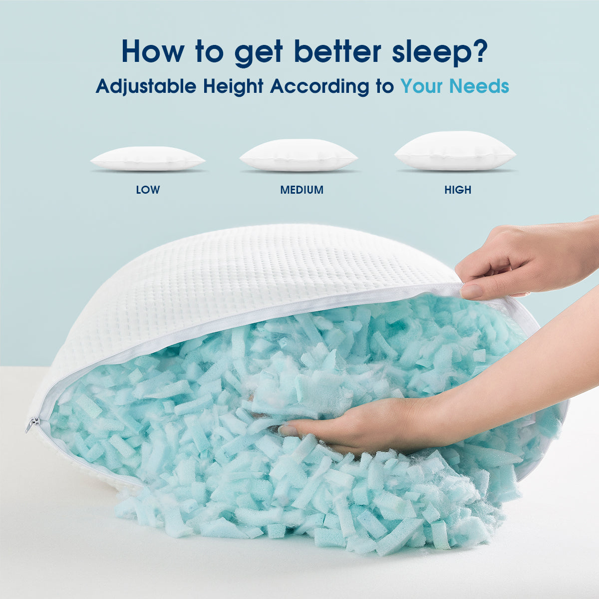 The pillow open to reveal the fresh memory foam filling inside, and the height of the pillow can be adjusted according to your needs